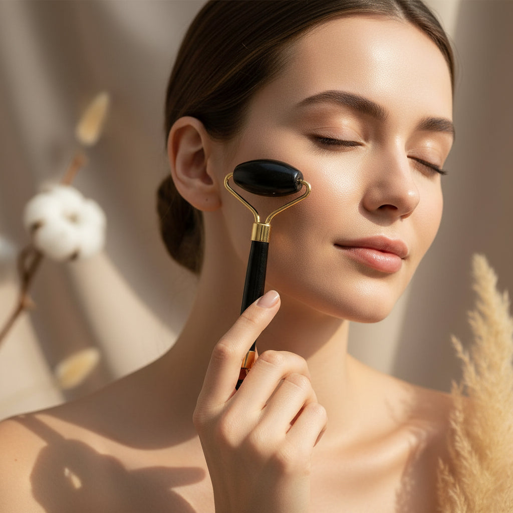 Natural Jade & Obsidian Gua Sha Set of 4 - Premium Face Sculpting Tools Eyes Roller Massager Jade Roller for Jawline, Double Chin Reduction & Lymphatic Drainage Women'S Anti-Aging Skincare Kit