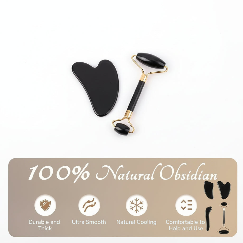 Natural Jade & Obsidian Gua Sha Set of 4 - Premium Face Sculpting Tools Eyes Roller Massager Jade Roller for Jawline, Double Chin Reduction & Lymphatic Drainage Women'S Anti-Aging Skincare Kit