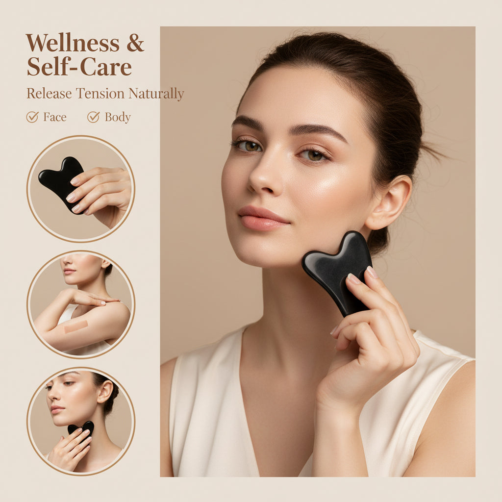 Natural Jade & Obsidian Gua Sha Set of 4 - Premium Face Sculpting Tools Eyes Roller Massager Jade Roller for Jawline, Double Chin Reduction & Lymphatic Drainage Women'S Anti-Aging Skincare Kit