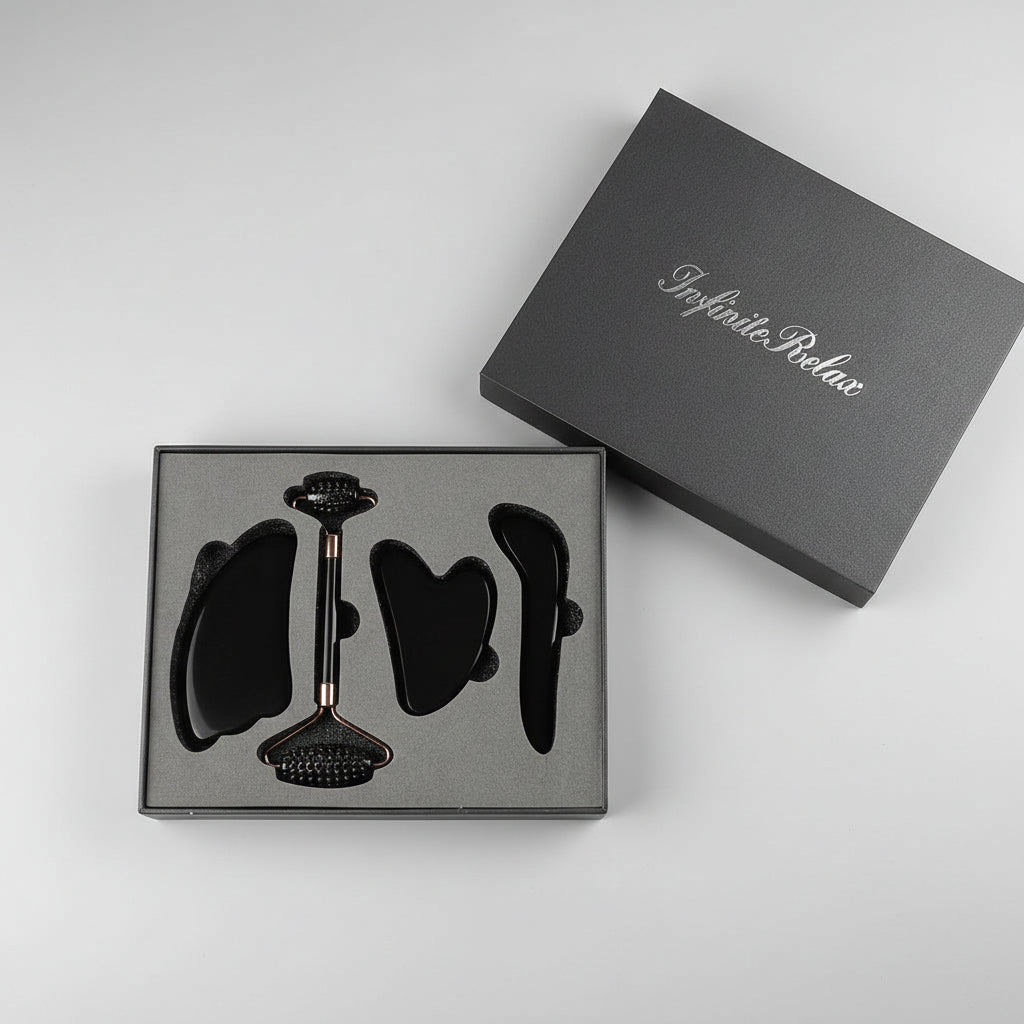 Natural Jade & Obsidian Gua Sha Set of 4 - Premium Face Sculpting Tools Eyes Roller Massager Jade Roller for Jawline, Double Chin Reduction & Lymphatic Drainage Women'S Anti-Aging Skincare Kit