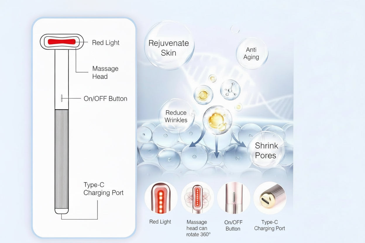 Red Light Therapy for Face, 4 in 1 Facial Wand for Anti-Aging, Anti-Wrinkle, Face Neck Light Therapy Wand, Skin Care Tool at Home, with Travel Carrying Case, One-Button Start