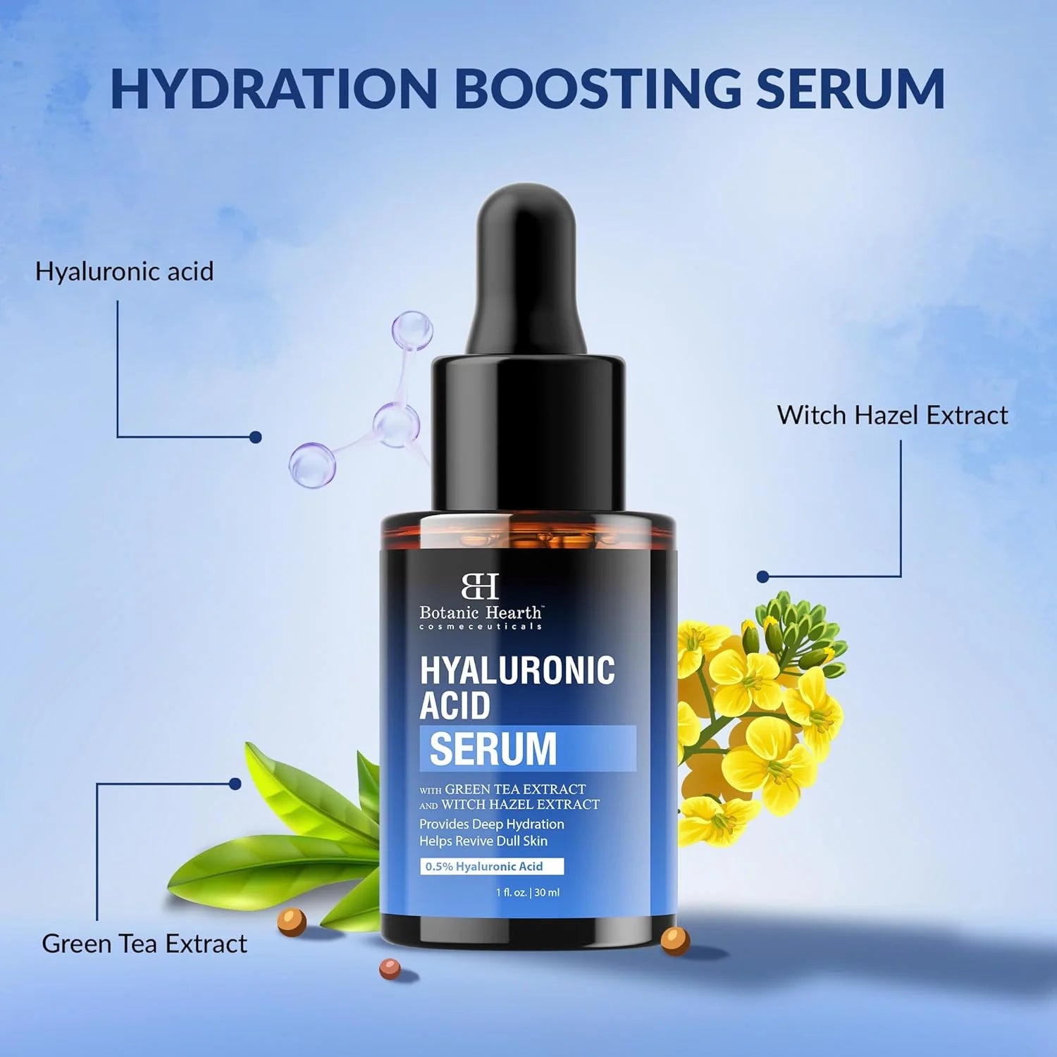 0.5% Hyaluronic Acid Serum for Face with 2% Niacinamide, Witch Hazel & Green Tea Extracts | Hydrating & Moisturizing | Helps Reduce Wrinkles & Fine Lines | All Skin Types | 1Fl Oz