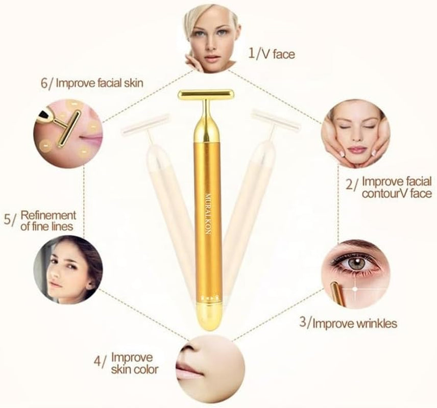 Beauty Bar, 24K Golden T-Shape Electric Sign Face Massage Tools, Improve Skin Relaxation and Enhance Elastic Activity