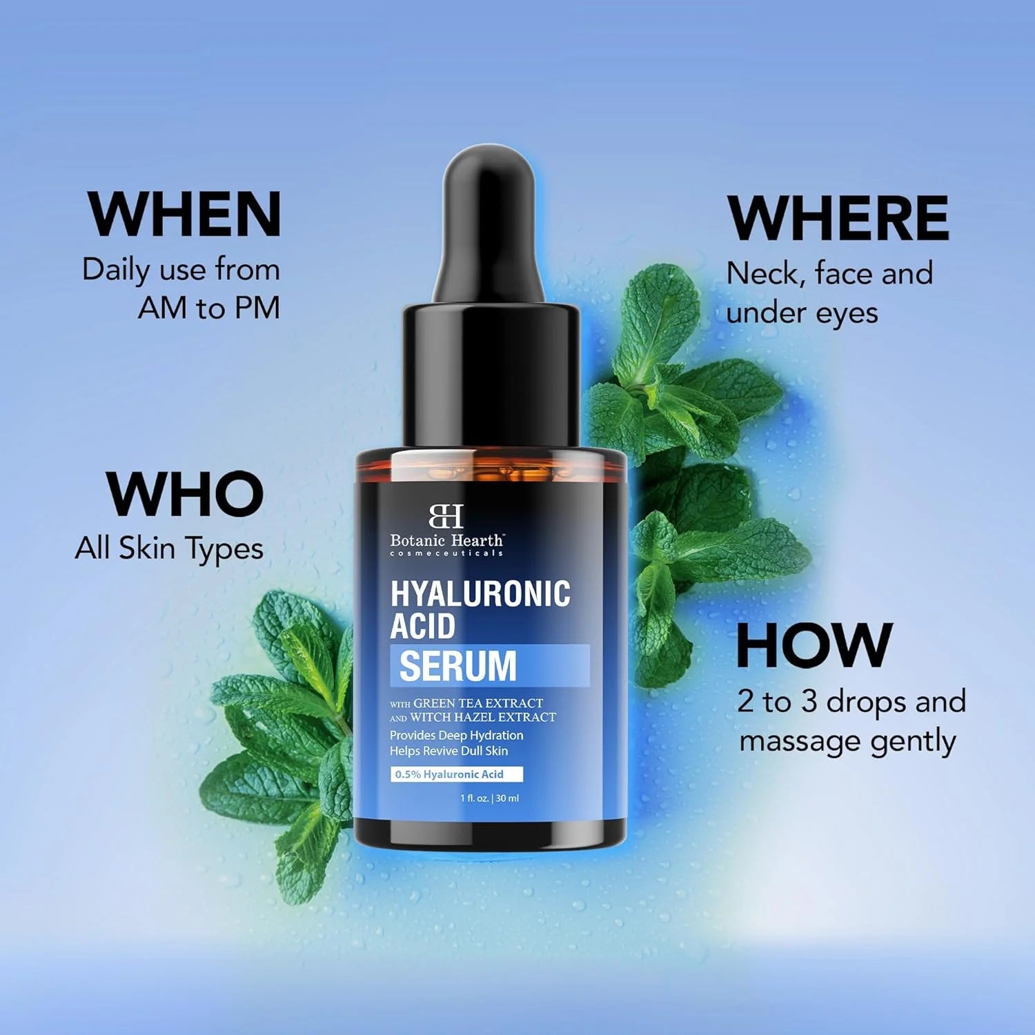 0.5% Hyaluronic Acid Serum for Face with 2% Niacinamide, Witch Hazel & Green Tea Extracts | Hydrating & Moisturizing | Helps Reduce Wrinkles & Fine Lines | All Skin Types | 1Fl Oz