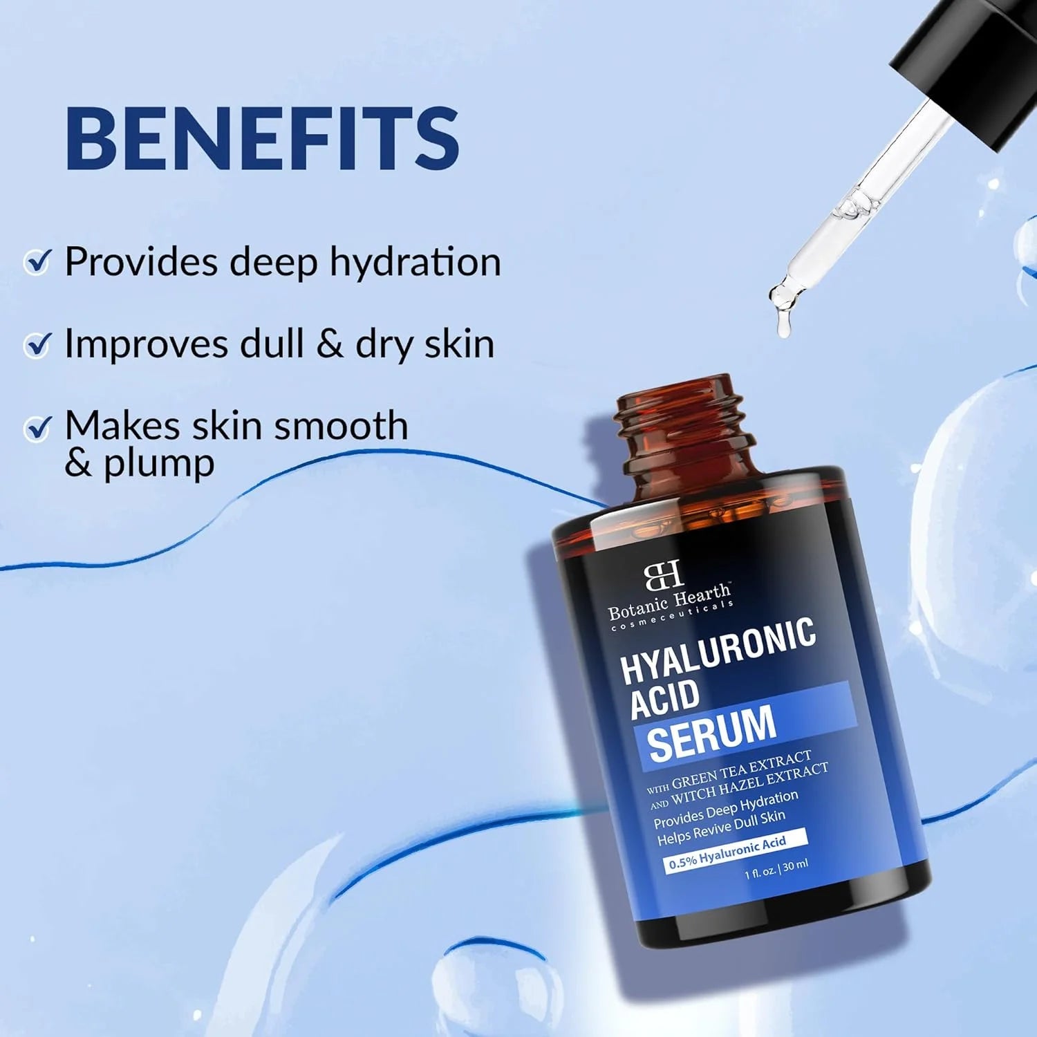 0.5% Hyaluronic Acid Serum for Face with 2% Niacinamide, Witch Hazel & Green Tea Extracts | Hydrating & Moisturizing | Helps Reduce Wrinkles & Fine Lines | All Skin Types | 1Fl Oz