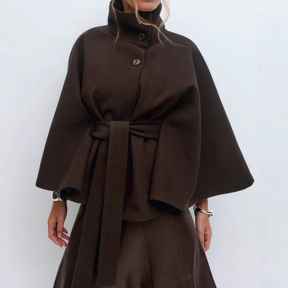 Winter High Neck Batwing Sleeve Coat with Belt Fashion Loose Elegant Button Top Trench Coat for Women Clothing