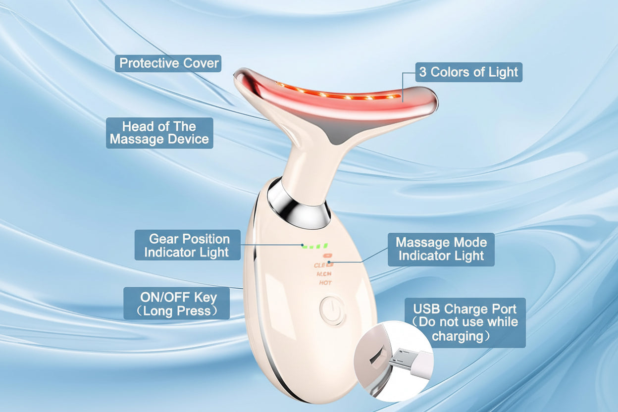 Facial and Neck Massager,Face Tool with 3 Colour Modes and Vibration,Facial Beauty Device for Skin Care (Pink)