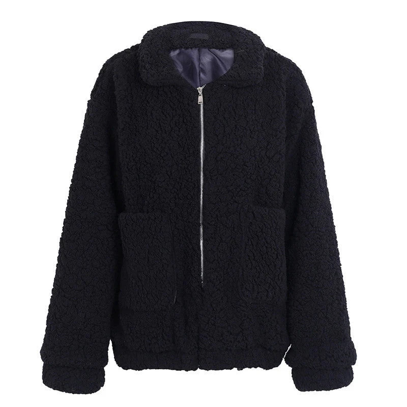 Faux Lambswool Oversized Jacket Coat Winter Black Warm Hairly Jacket Women Autumn Outerwear